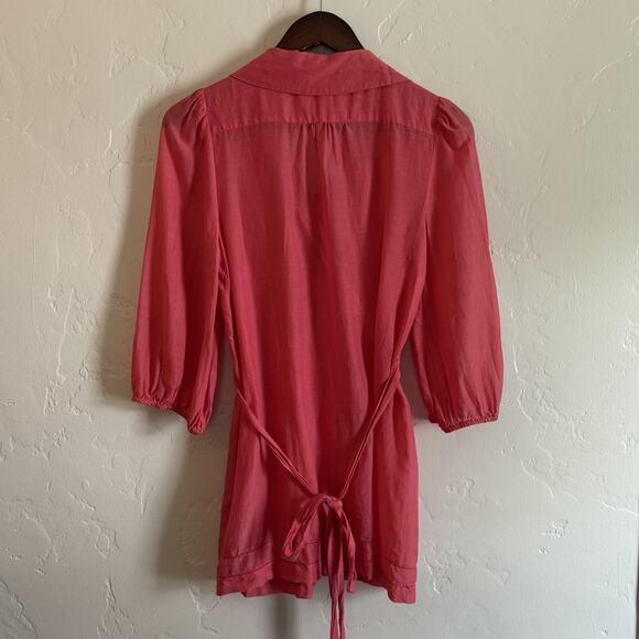 Anthropologie Odille Size 2 Blouse - Pink Wrap Sheer Tie Ruffles Long Sheer - Picture 9 of 12